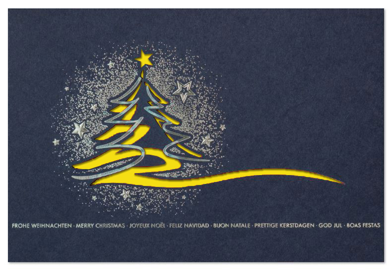 Blaue Weihnachtsgrußkarte mit Laserstanzung und Silberfoliendruck, mehrsprachig, Einleger gelb