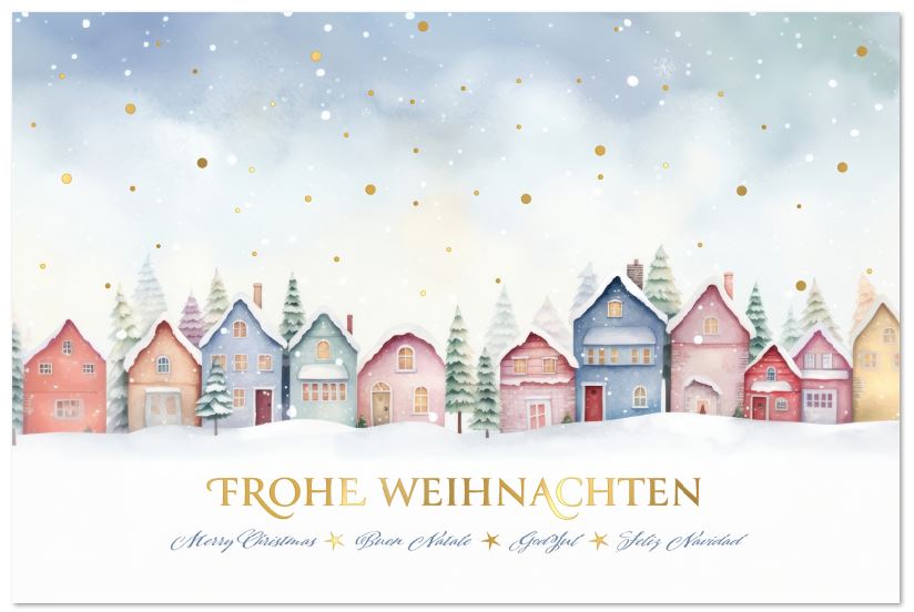 Stimmungsvolle Weihnachtskarte "Winterzauber" mit internationalen Grüßen und bunter Häuserzeile