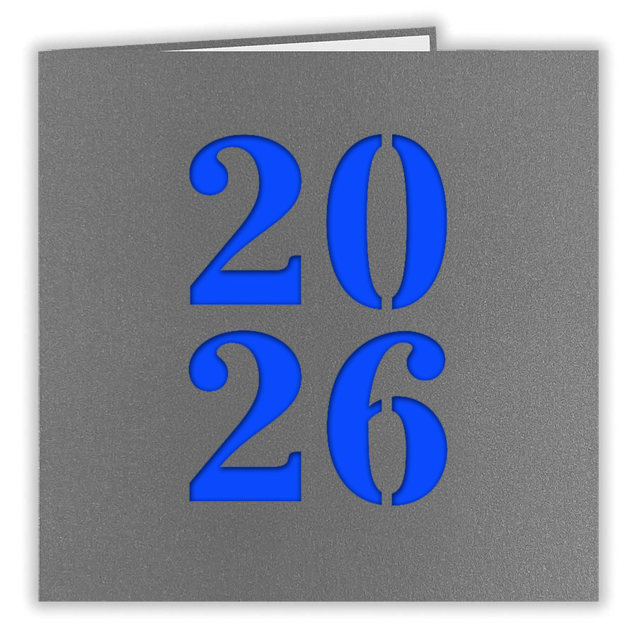 Anthrazit-Graue Metallic-Neujahrskarte mit Laserstanzung 2026 und blauem Einlegeblatt