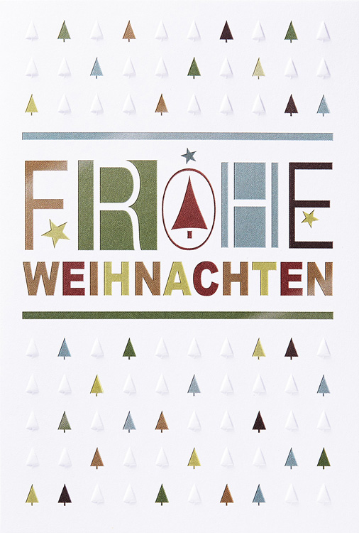 Weihnachtskarte weiß mit Weihnachtsbäumen und Frohe Weihnachten