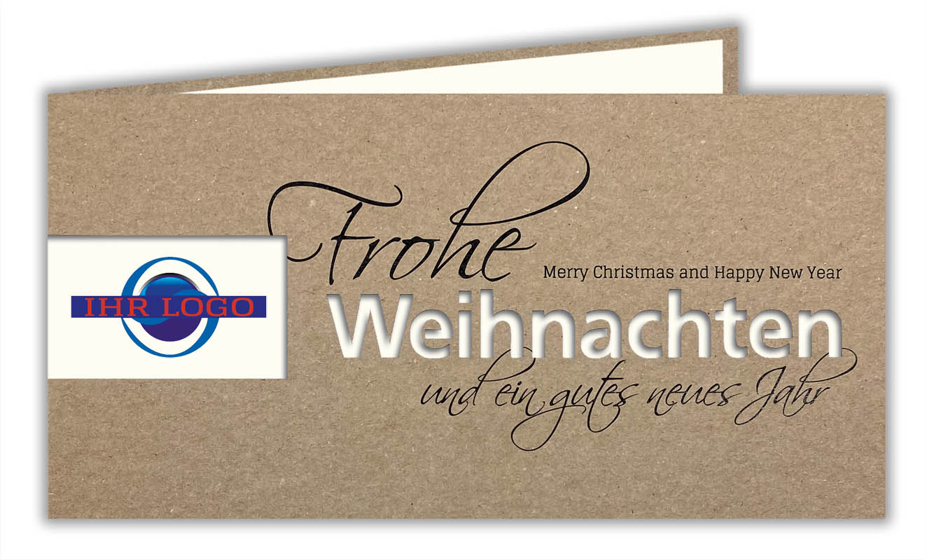 Naturbraune Weihnachtskarte aus Kraftkarton mit Firmen-Logo Stanzung und cremeweißem Einlegeblatt Naturbraune Weihnachtskarte aus Kraftkarton mit Firmen-Logo Stanzung und cremeweißem Einlegeblatt