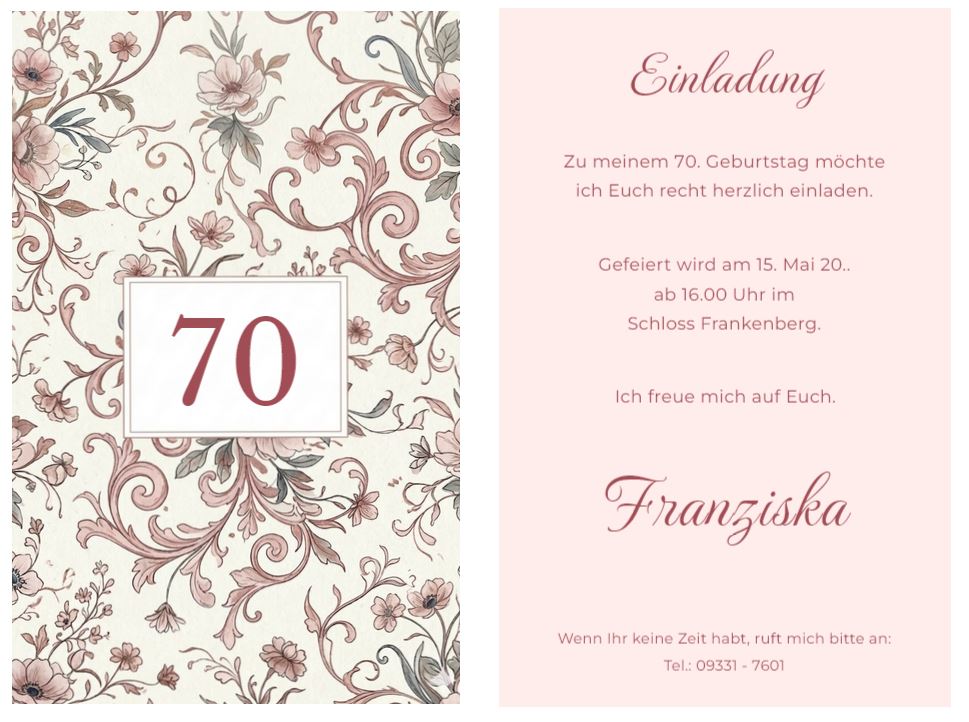 Klassische Einladungskarte zum 70. Geburtstag mit floralem Ornament als beidseitig bedruckte Einzelkarte