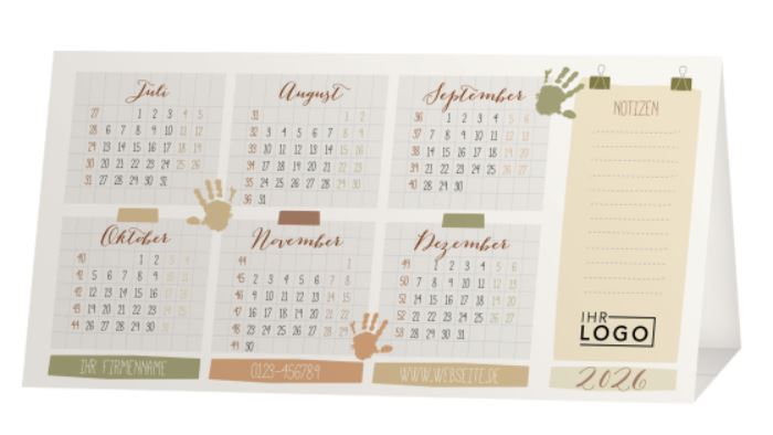 Jahreskalender zum Aufstellen "Hand in Hand" mit Logoeindruck und Spende War Child.