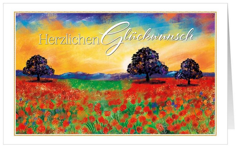Stimmungsvolle Aquarell-Glückwunschkarte mit blühendem Mohnfeld und "Herzlichen Glückwunsch"