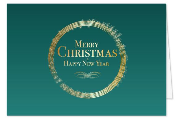 Smaragdgrüne Weihnachtskarte mit goldgeprägtem Weihnachtsgruß und Kreis aus goldenen Linien