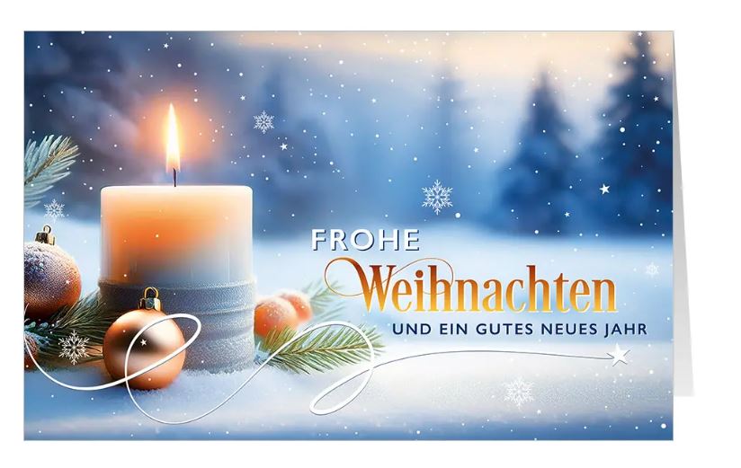 Stimmungsvolle Weihnachtskarte "Zauberhafter Kerzenschein" mit festlichen Grüßen und brennender Kerze Schnee