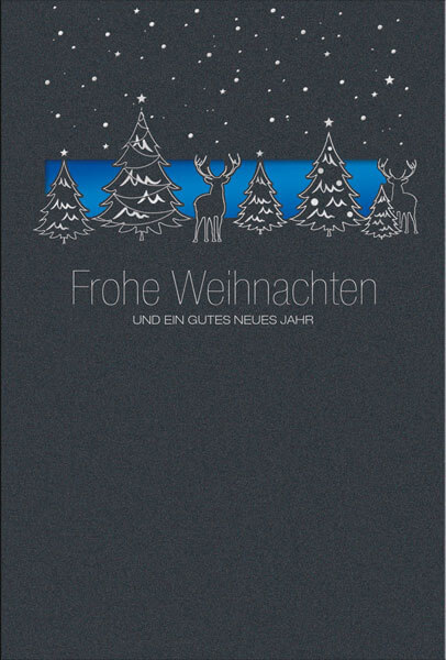 Anthrazitfarbene Weihnachtskarte mit Stanzung und blauem Einleger zugunsten dem Deutschen Kinderhilfswerk