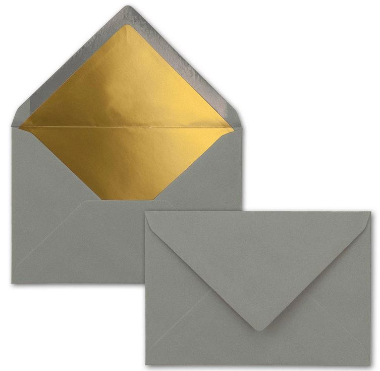 Briefumschlag DIN C6, 16,2 x 11,4 cm, nassklebend, 120g, graphitgrau mit goldenem Innenfutter