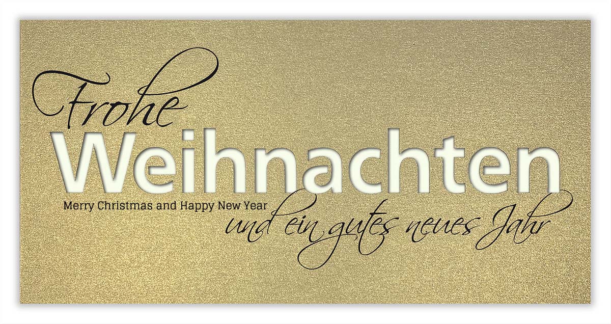 Edle Weihnachtskarte in gold-metallic mit Stanzung und deutsch-englischem Weihnachtsgruß, DIN lang