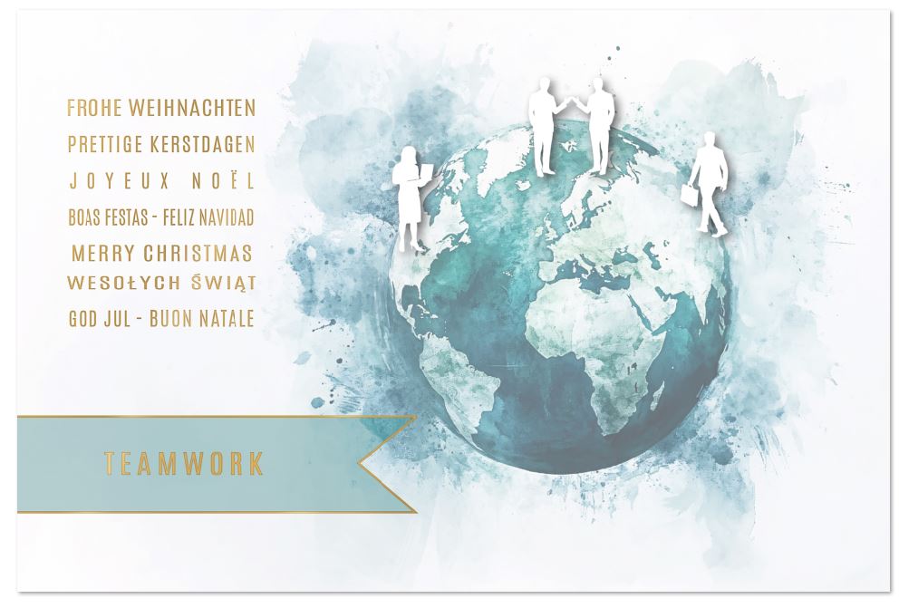 Business-Weihnachtskarte mit internationalen Weihnachtsgrüßen und Weltkugel im Aquarelldesign 