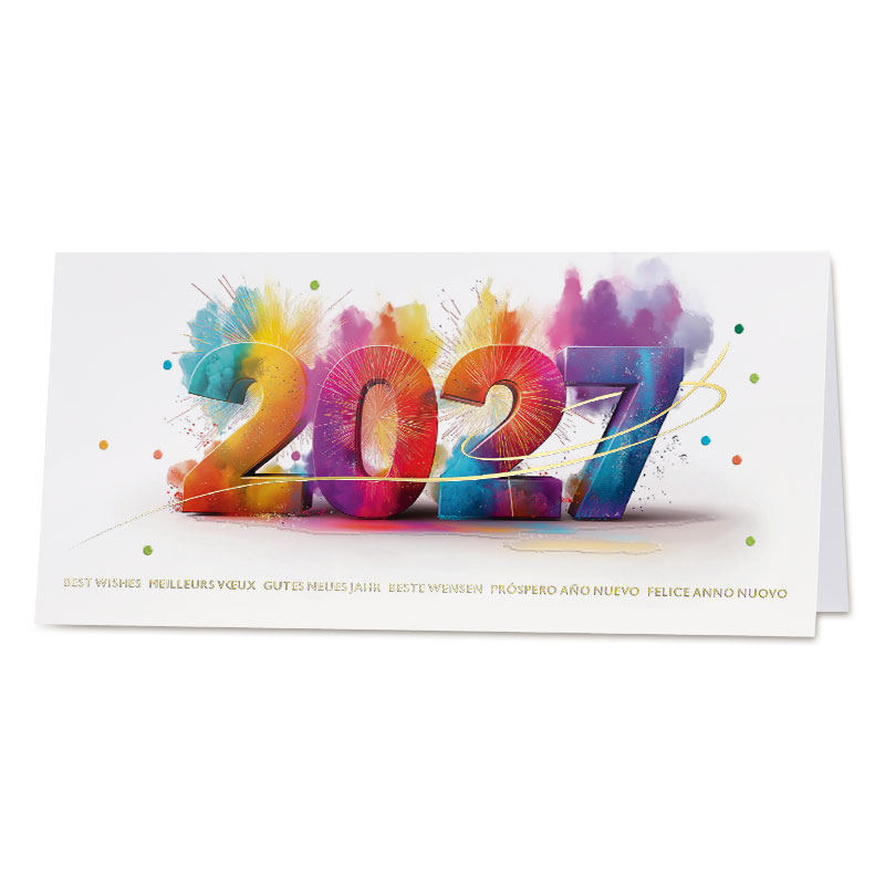 Internationale Neujahrskarte "Bunter Jahreswechsel" mit Goldfolienprägung und Jahreszahl 2027, DIN lang