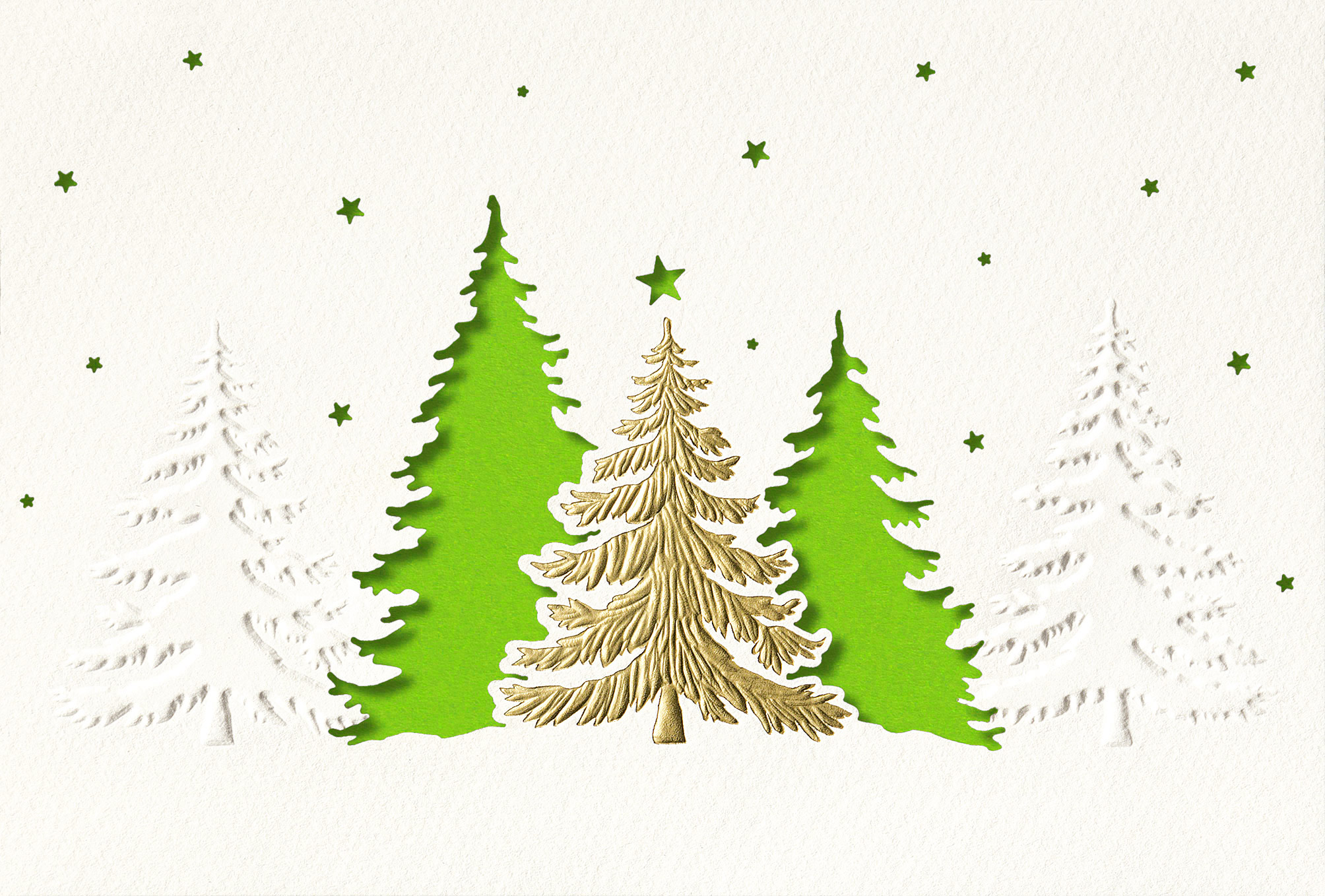 Weiße Weihnachtskarte mit Stanzung, Blindprägung und goldenem Foliendruck, Einleger grün