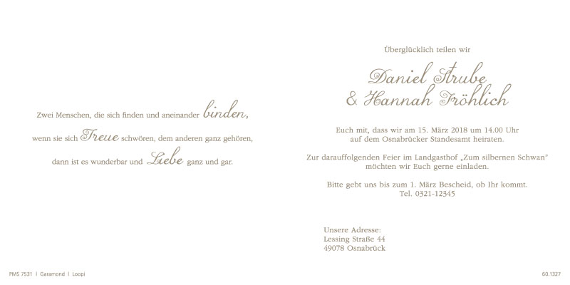 Hochzeitskarte mit Ja und Schmetterlingen, Ringen und Herz