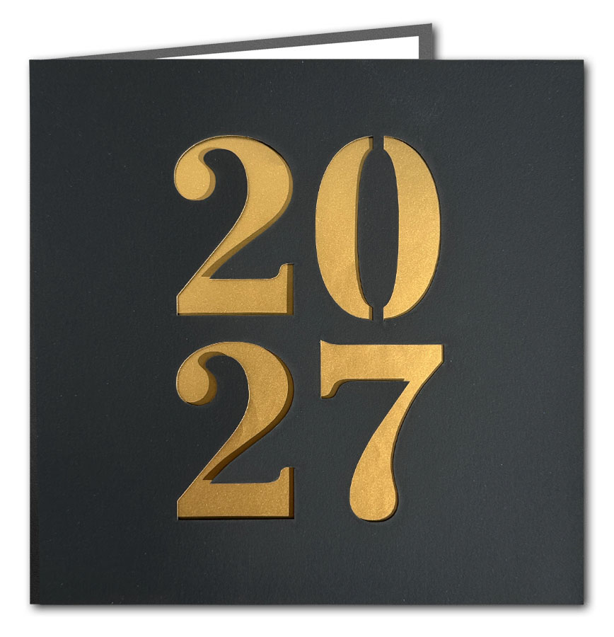 Mattschwarze Neujahrskarte mit Laserstanzung 2027 und goldfarbenem Einlegeblatt