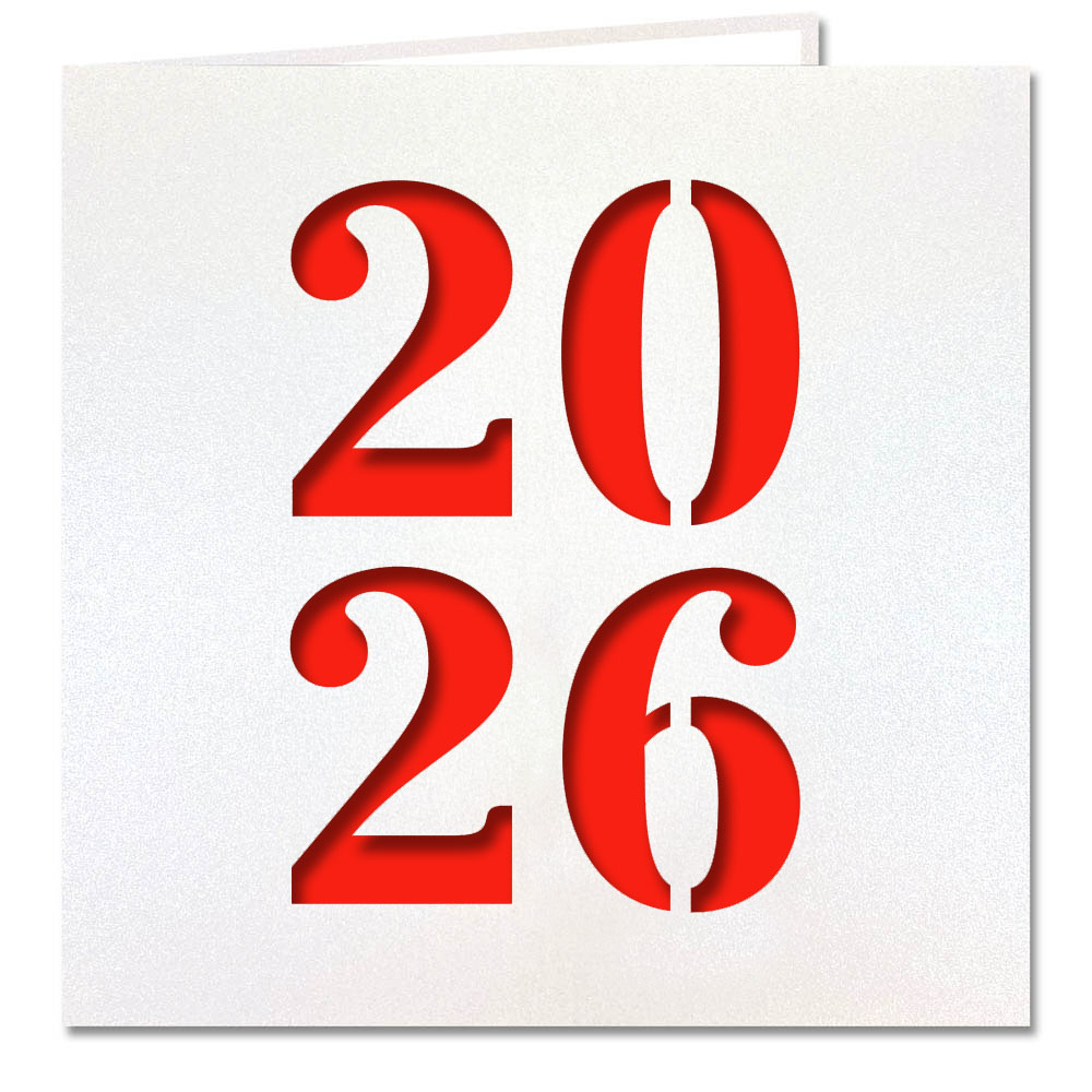 Weiße Neujahrskarte mit Jahreszahl 2026 Stanzung und rotem Einlegeblatt