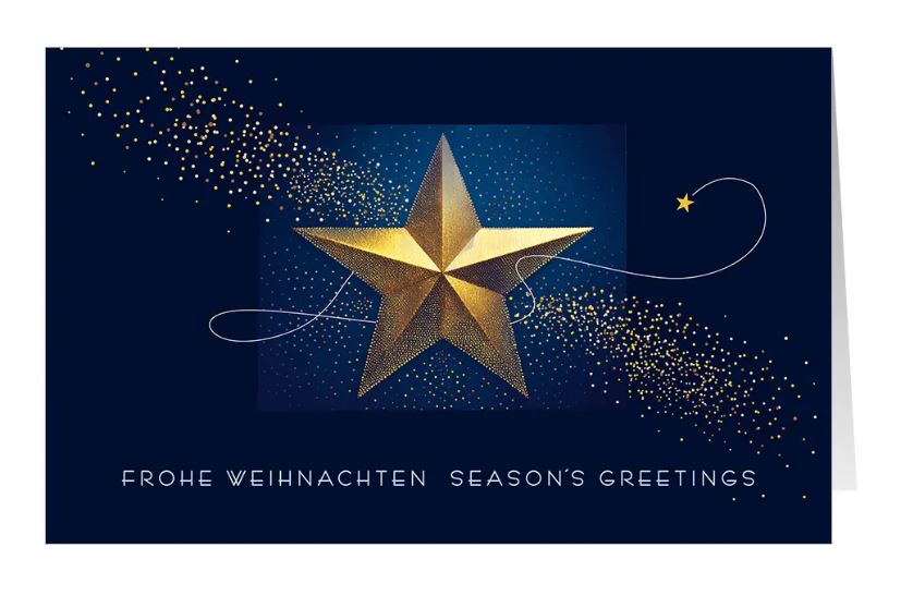Blaue Weihnachtskarte "Faszination" mit goldenem Stern und deutsch-englischem Weihnachtsgruß