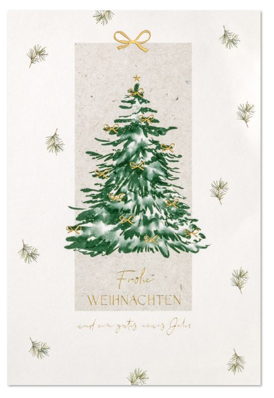 Klassische Weihnachtskarte "Zarter Baumschmuck" mit Aquarell-Tannenbaum, goldenen Schleifen und Weihnachtsgruß