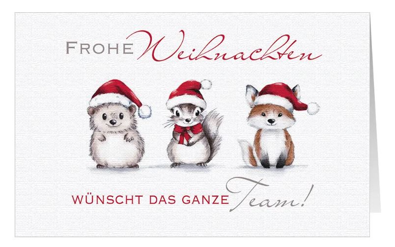 Putzige Firmenweihnachtskarte "Waldtiere" mit Igel, Eichhörnchen und Fuchs sowie Grüßen vom Team