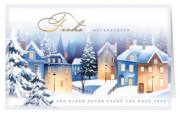 Winterliche Weihnachtskarte mit verschneiten Häusern und Tannen sowie weihnachtlichen Grüßen