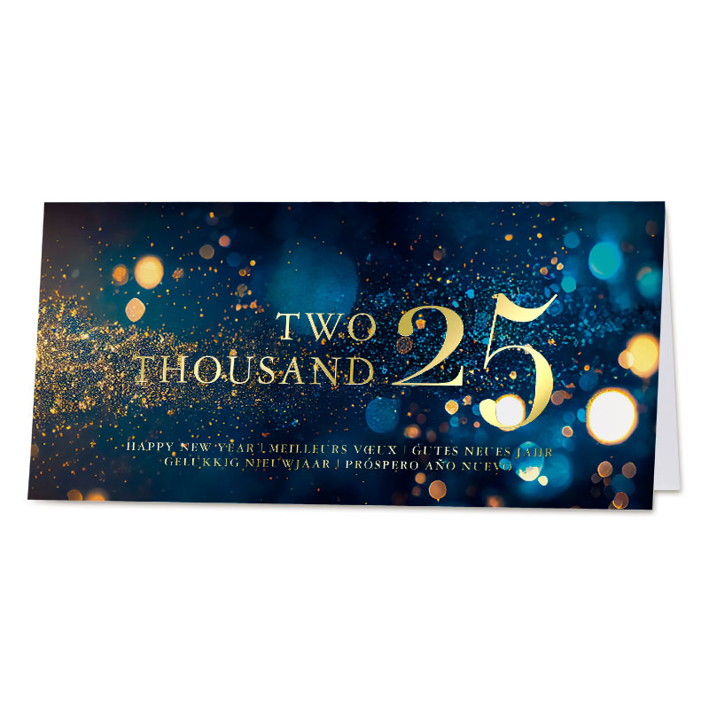 Neujahrskarte "Two Thousand 25" in gold mit internationalen Grüßen im DIN lang Format