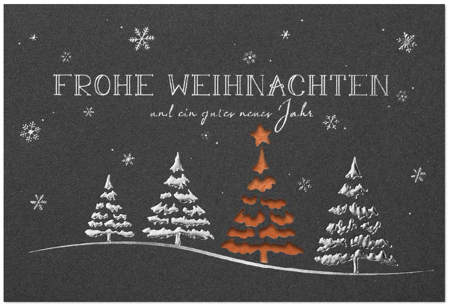 Edle Weihnachtskarte in anthrazit-metallic mit Silberprägung, Stanzung und kupferfarbenem Falteinleger