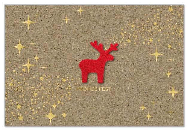 Ausgefallene Weihnachtskarte "Samtiger Elchgruß" in Naturbraun mit roter Filzapplikation und Goldfolienprägung