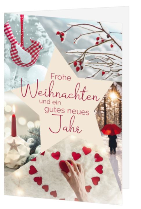 Spendenkarte zugunsten dem deutschen Kinderherzzentrum e.V. mit winterlicher Fotocollage und festlichen Grüßen