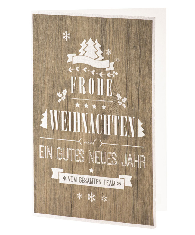 Weihnachtskarte Teamkarte mit Holzdekor und frohen Wünschen