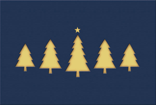 Dunkelblaue Weihnachtkarte mit goldenem Falteinleger und Motivstanzung Bäume und Stern