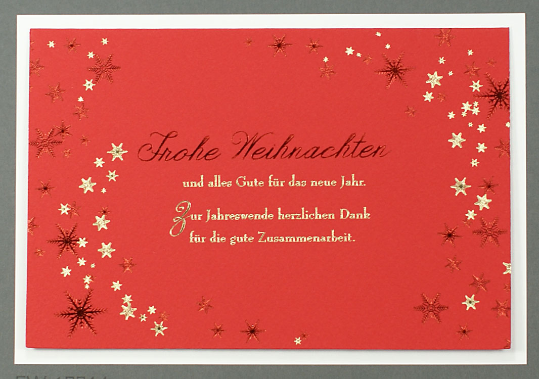 Weihnachtskarte in rot und gold mit Dank für die Zusammenarbeit und vielen Sternen