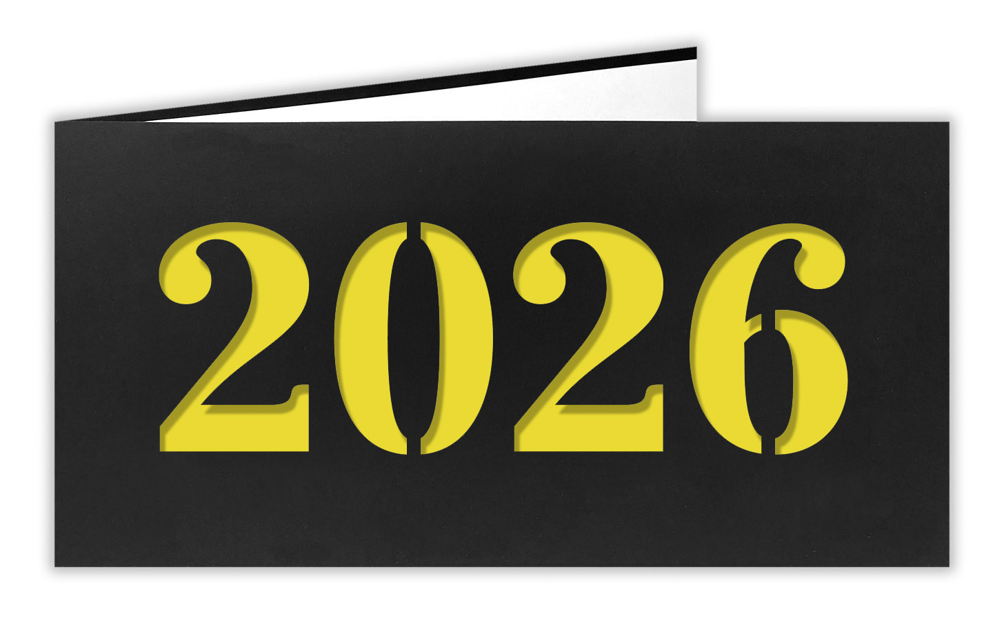 Neujahrskarte schwarz mit Laserstanzung 2026 und gelbem Einlegeblatt