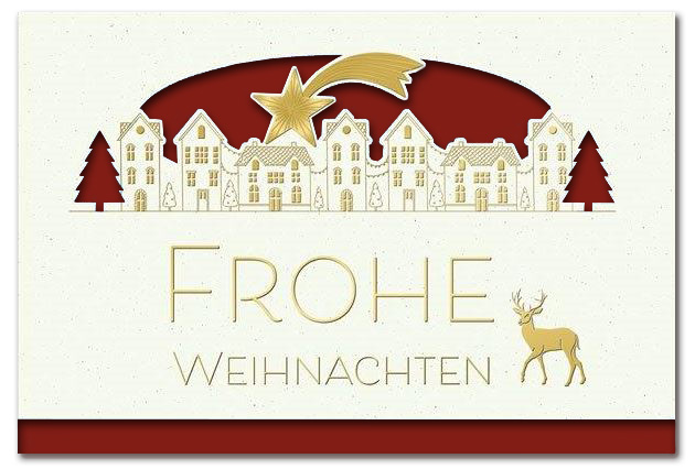Weiße Festtagskarte "Weihnachtszauber" mit Formstanzung, Goldprägung und Einlegeblatt in bordeauxrot