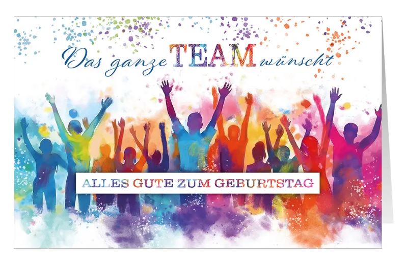 Team-Glückwunschkarte zum Geburtstag im farbenfrohen Design, Motiv: Jubelndes Team mit erhobenen Armen