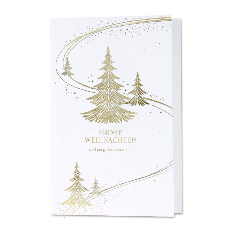 Weiße Weihnachtskarte im eleganten Design mit Goldfolienprägung von Tannenbäumen und Weihnachtsgruß