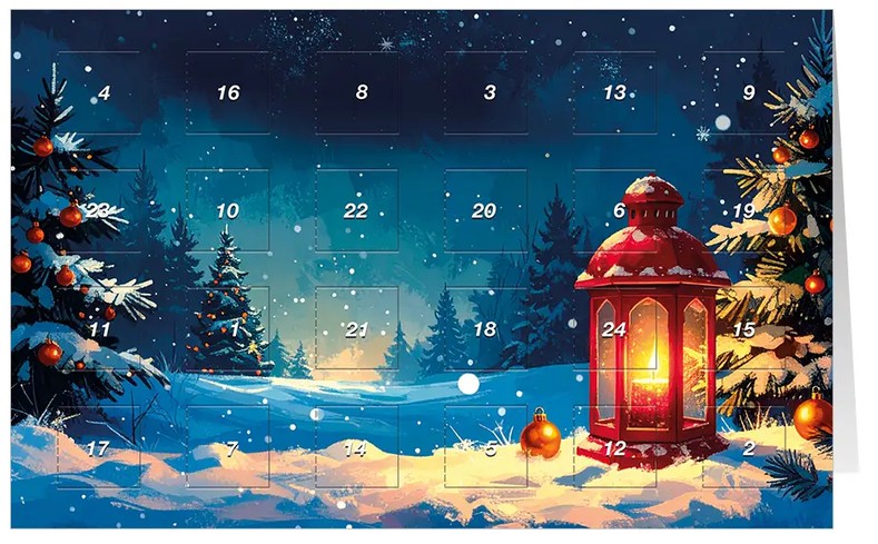Adventskalenderkarte "Funkelnde Winterwelt" mit weihnachtlicher Abendlandschaft, verschneiten Tannen und 24 Fenster zum Öffnen