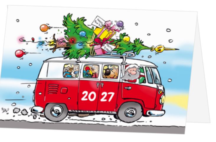 Lustige Spendenkarte mit dem Weihnachtsmann im roten Bus für Berggorilla & Regenwald Direkthilfe e.V