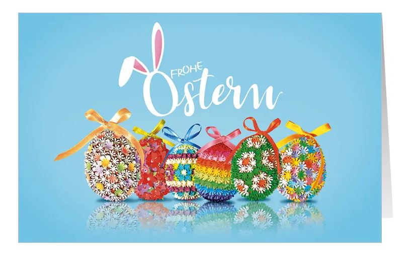 Farbenfrohe Osterkarte "Eiervielfalt" mit bunten Eiern und Ostergruß in Hasenohren-Grafik 