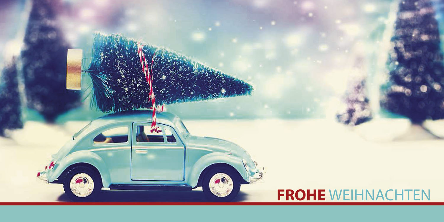 Weihnachtskarte mit Weihnachtsbaum auf VW Käfer Frohe Weihnachten