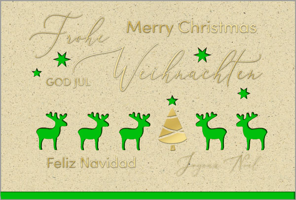 Mehrsprachige Weihnachtskarte aus Naturkarton mit Stanzung und Goldprägung, Einleger grün