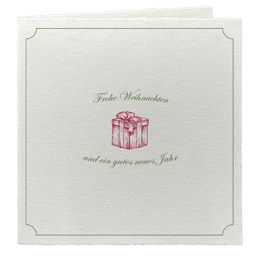 Bütten-Weihnachtskarte quadratisch 13x13 cm, Motivdruck rotes Weihnachtsgeschenk-Paket
