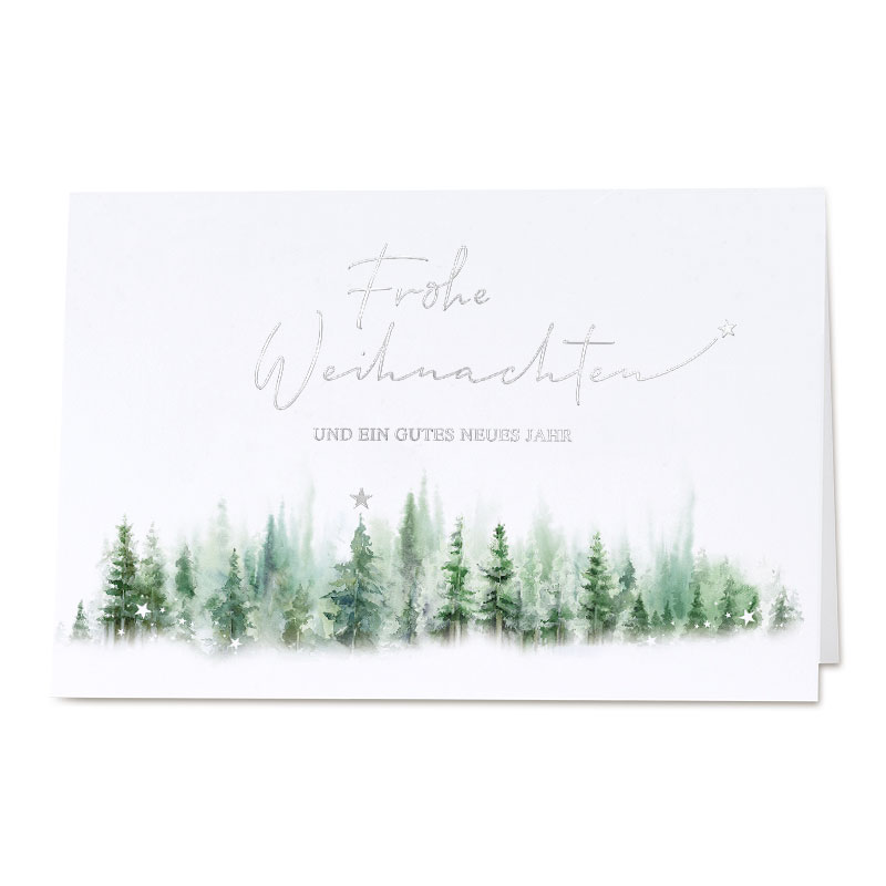 Weihnachtskarte mit grünem Tannenwald und Weihnachtsgruß in silberner Prägung