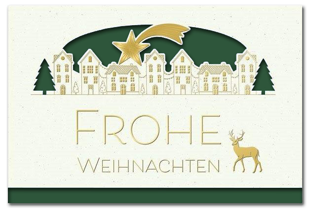 Weiße Festtagskarte "Weihnachtszauber" mit Formstanzung, Goldprägung und Einlegeblatt in dunkelgrün