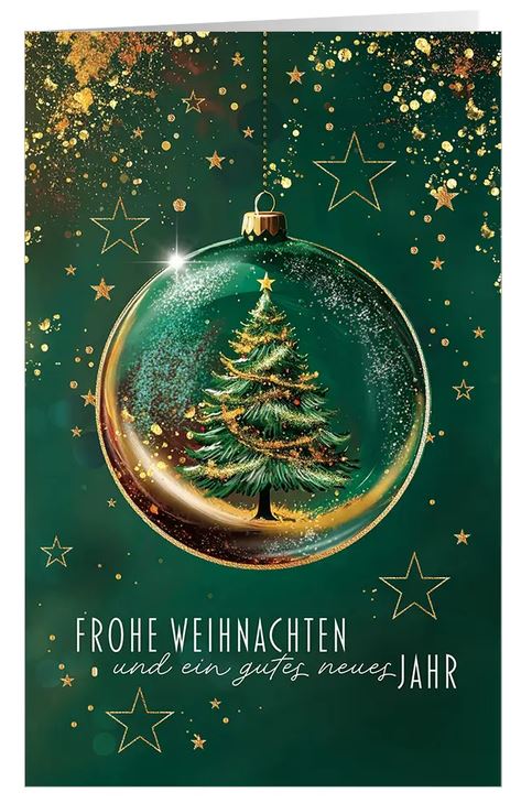 Tannengrüne Weihnachtskarte "Lichterbaum" mit geschmückter Tanne in einer Weihnachtskugel und Gruß