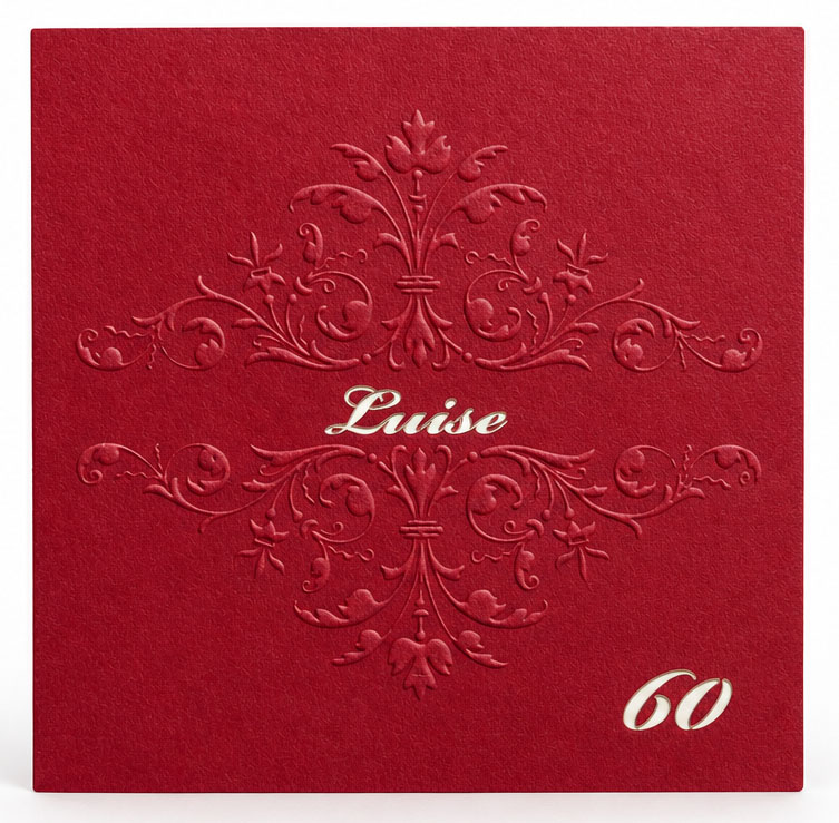 Bordeauxrote Einladungskarte zum 60. Geburtstag im eleganten Design mit geprägtem Ornament und individueller Laserstanzung