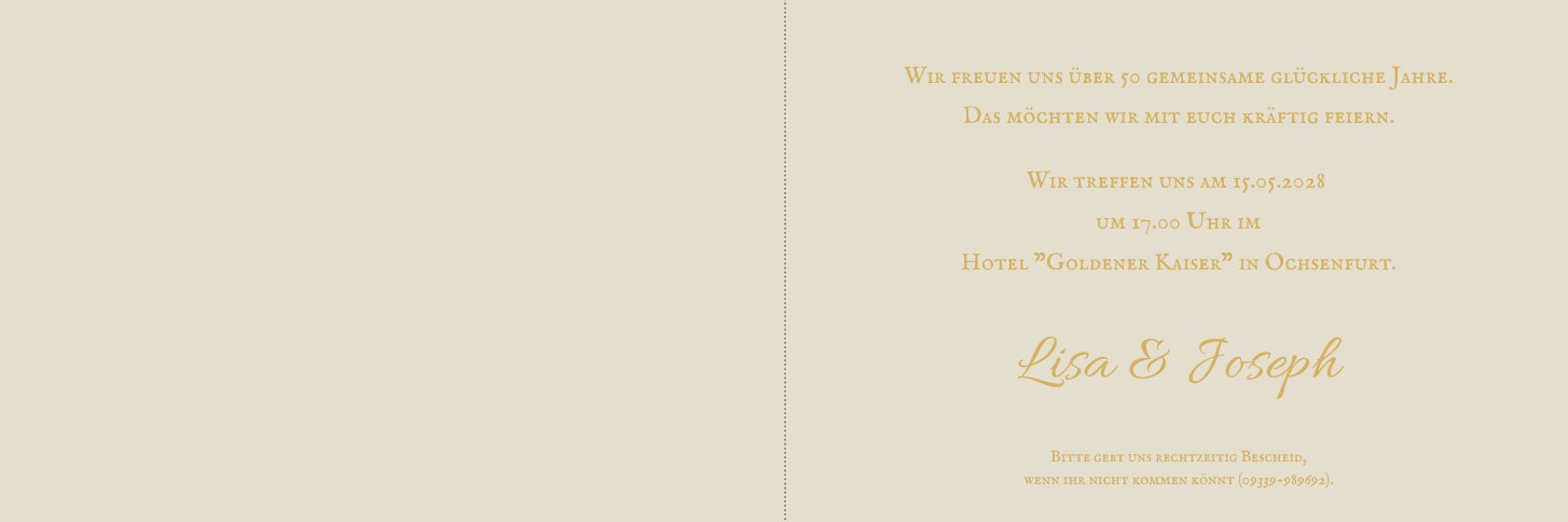 Einladungskarte in naturweiß zur Goldenen Hochzeit als Klappkarte mit Büttenrandprägung