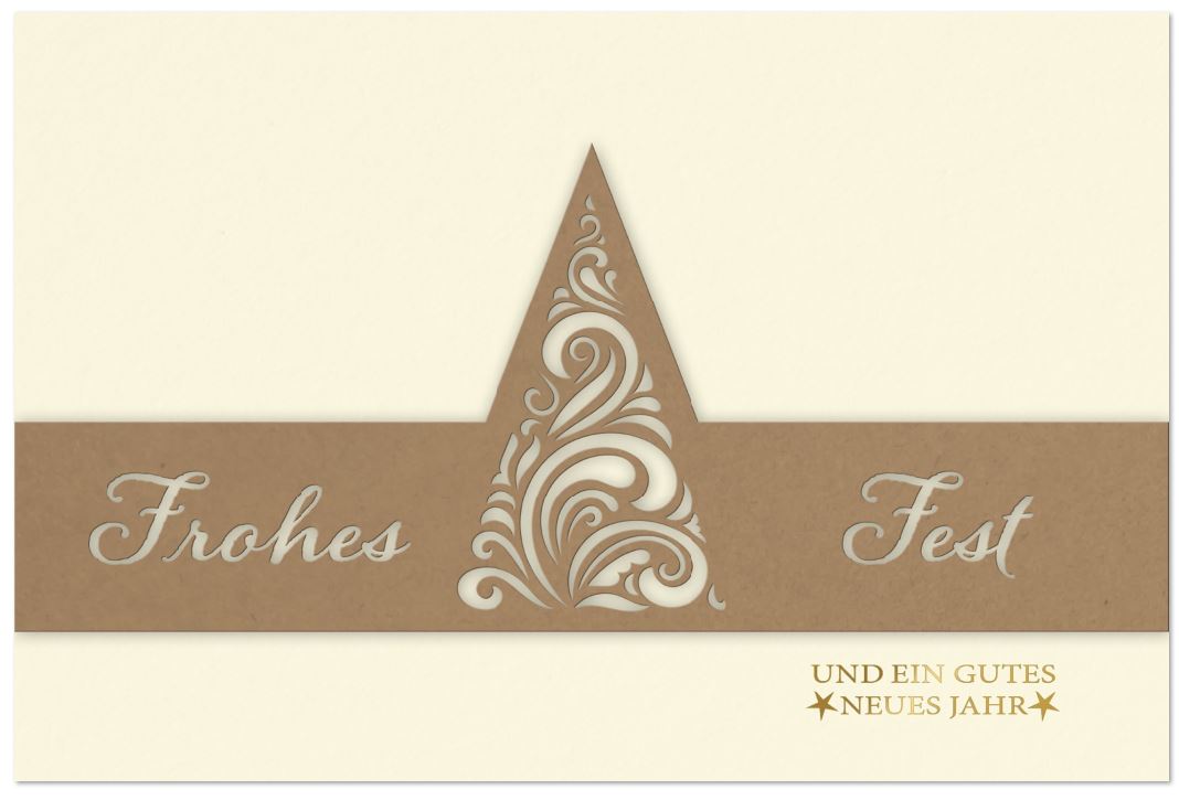 Festliche Weihnachtskarte in Creme mit naturbrauner Banderole, Goldprägung und filigraner Laserstanzung