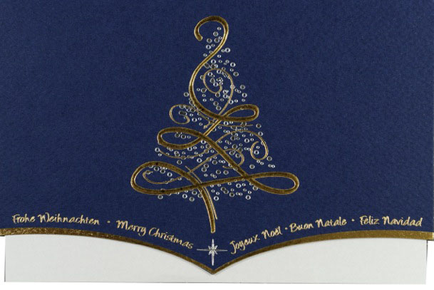 Weihnachtskarte nachtblau mit abstraktem Weihnachtsbaum und Konturstanzung