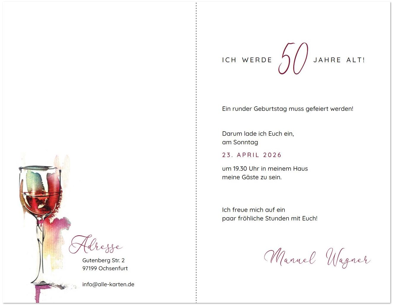 Stilvolle Einladungskarte zum 50. Geburtstag mit Weinglas im Aquarellstil