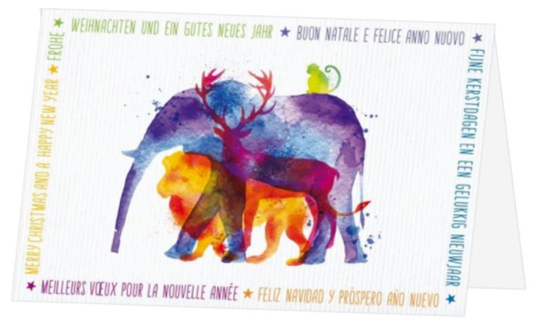 Farbenfrohe Weihnachtskarte "Frohe Festtage weltweit" mit gutem Zweck: Berggorilla & Regenwald Direkthilfe e.V.
