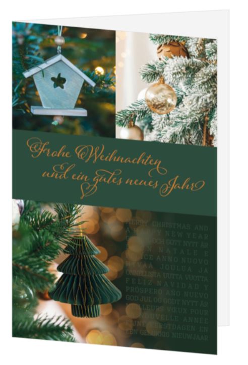Klassische Weihnachtskarte mit Spendenanteil für MISEREOR-Ihr Hilfswerk mit Gruß und stimmungsvoller Collage